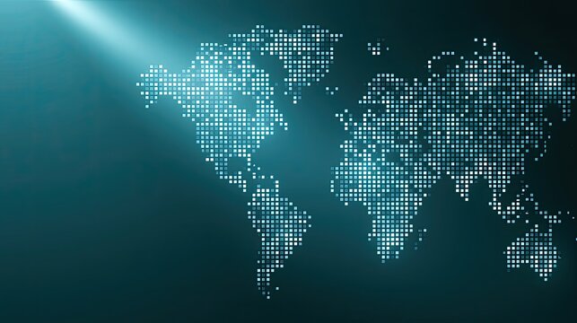 Digital World Map Composed of Glowing Blue Dots with Light Beam.