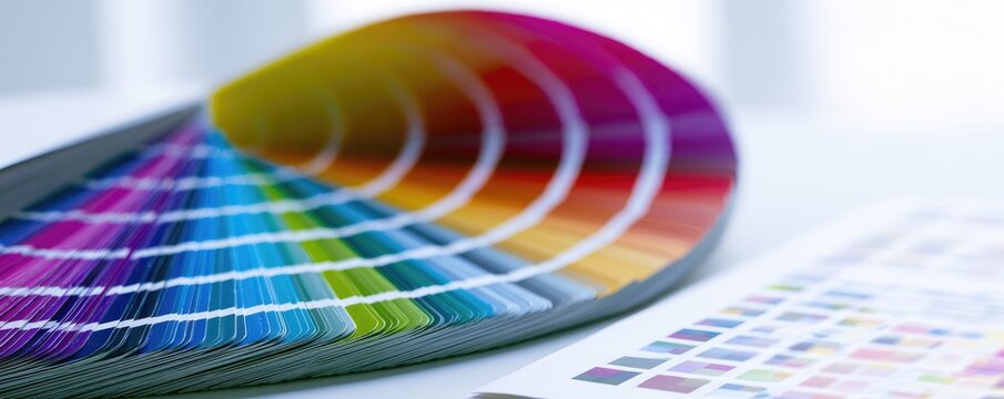 Close-up of a colorful paint swatch fan displaying a spectrum of hues.