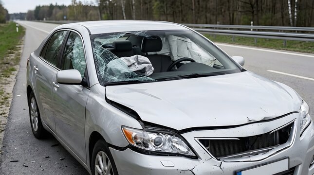 Silver sedan with deployed airbags and front end damage after car accident