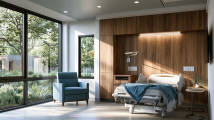 Obraz premium Modern Hospital Room with Large Window and Natural Light.