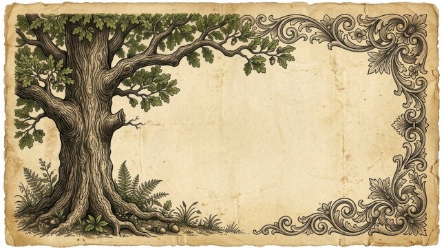 Blank vintage parchment paper texture with detailed tree drawings framing the edges