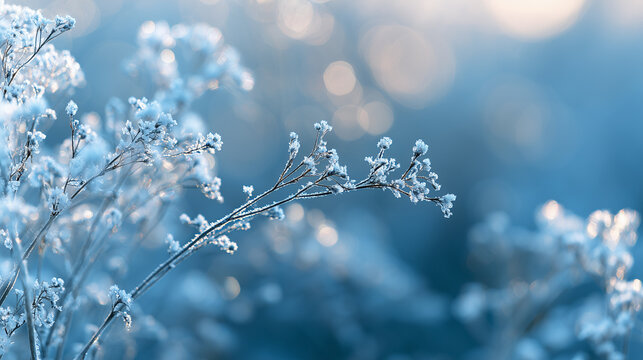 Delicate icy branches sparkling beneath soft winter sunlight, pastel blue and white color palette, dreamy bokeh background, minimalist Scandinavian winter aesthetic