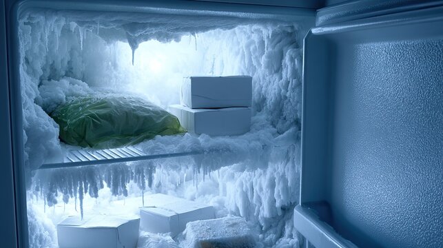 Inside of a heavily frosted and frozen refrigerator with food items.