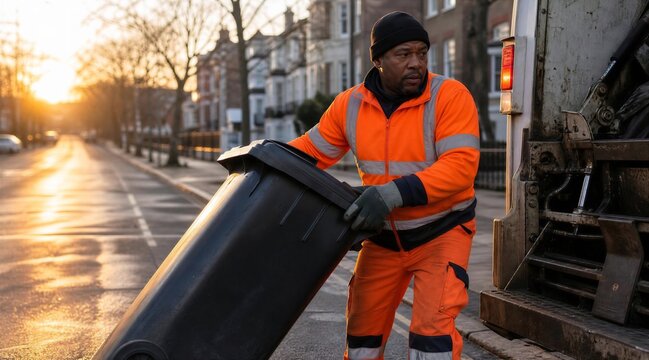 Worker with trash bin at sunrise