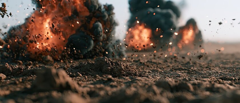 Explosion in a desolate landscape with debris flying.