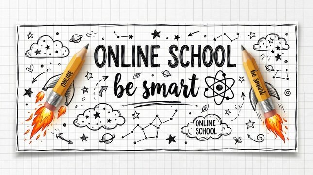 Online school be smart banner with a chalkboard drawing of a rocket and science icons