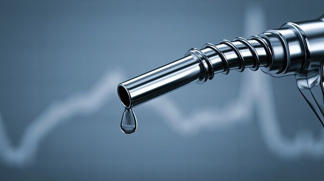 Close-up of a fuel nozzle with a drop of gasoline falling.