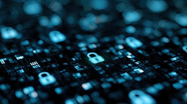 Digital Security and Data Protection Concept with Glowing Padlocks and Binary Code.
