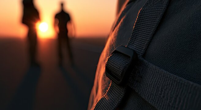 Silhouettes of people walking towards the sunset with a backpack strap in the foreground.