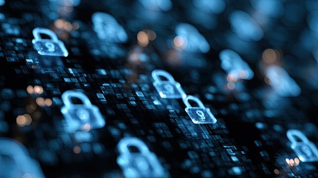 Digital Security Concept with Glowing Padlock Icons on a Dark Background.