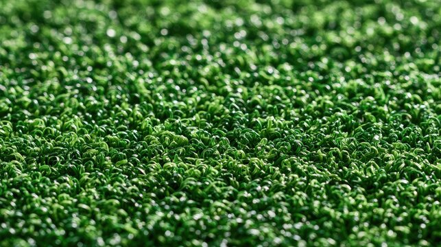 Close-up Macro View of Lush Green Artificial Turf Texture.