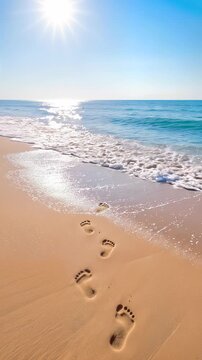 Human footprints on sandy beach as ocean waves wash over shore. Vertical video of tropical coastline with bright sun and turquoise water.