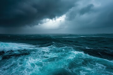 Fototapeta premium Stormy ocean with rough waves and dark clouds. Powerful seascape concept for stormy weather.