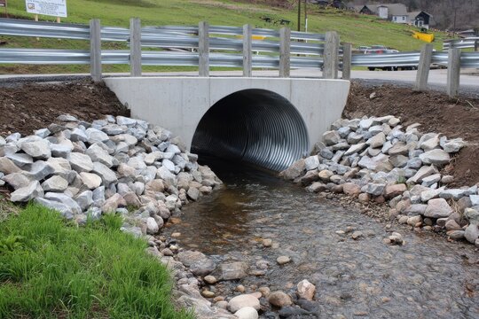 A small stream flowing through a corrugated metal pipe culvert under a road. Infrastructure concept.
