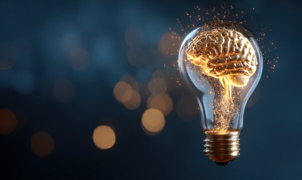 Glowing brain inside a light bulb on dark background. Creative thinking and artificial intelligence concept.