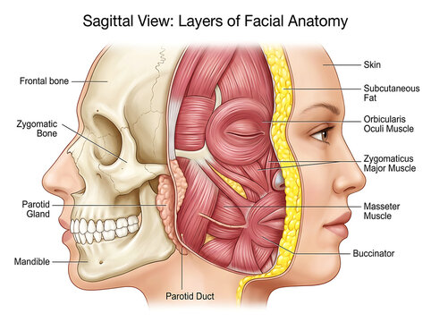 Sagittal cross-section of female facial anatomy with labeled layers