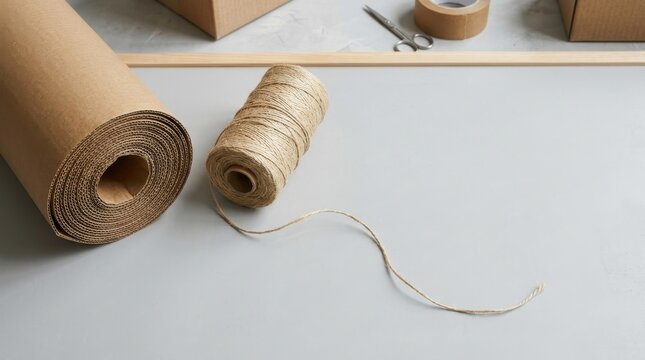 Brown paper roll and twine spool on a gray table surface for eco friendly gift wrapping and sustainable packaging