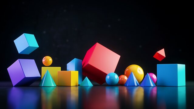 Abstract Composition Featuring Vibrant Geometric Shapes Floating on a Reflective Dark Surface