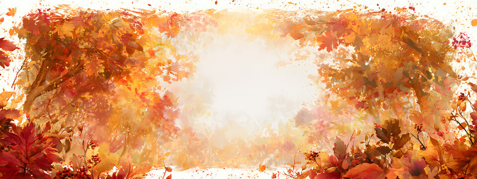 Autumn season party invite poster design: bordered with a watercolor effect, featuring a card design with colorful oranges, yellows, and reds, and images of fall leaves, forest scenes, maple, oak tree