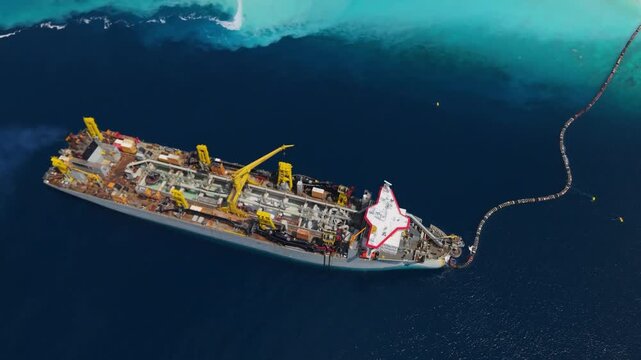 Aerial view of a large industrial dredger ship with yellow cranes and a long pipeline extending into the deep blue ocean near Dhidhdhoo, Thiladhunmathee Uthur, Maldives.