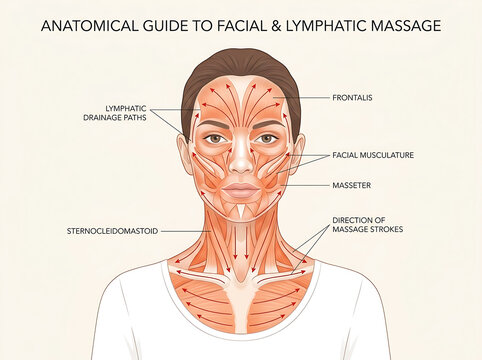 Anatomical diagram of facial and neck lymphatic massage strokes