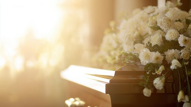 Gathering of flowers on a casket with sunlight shining in a somber room