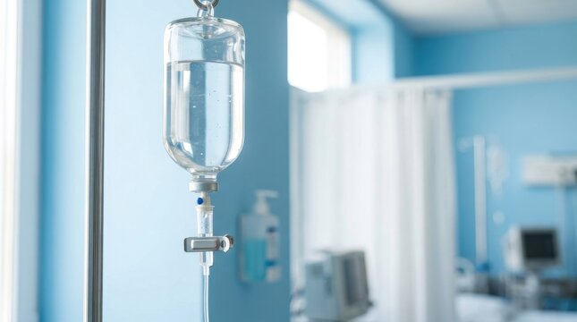 Intravenous drip bag hanging on a metal stand in a hospital room with medical equipment and white curtains in the background