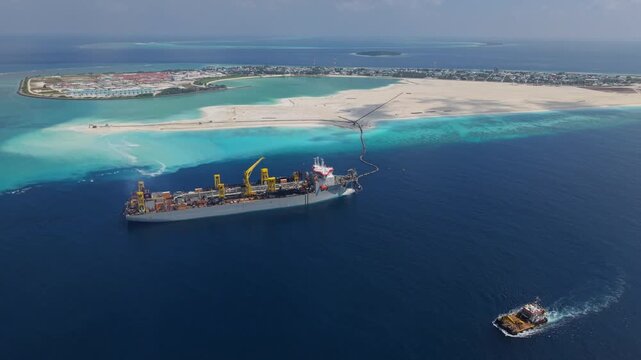 Aerial view of a large dredging ship performing land reclamation near the coast of an island with turquoise waters in Dhidhdhoo, Thiladhunmathee Uthur, Maldives.