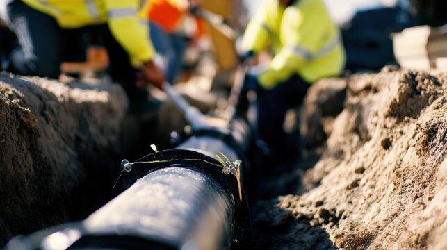 Workers lay a large pipe in a trench during construction in an outdoor setting
