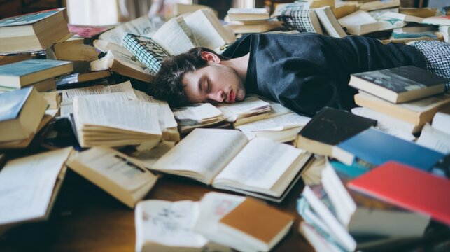 Student rests on table surrounded by many open books in a study area at school during study session in afternoon