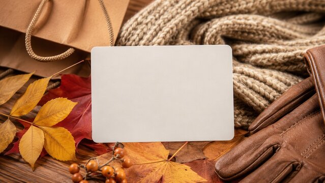 Autumn fashion mockup card with cozy scarf gloves shopping bag and fall leaves background template