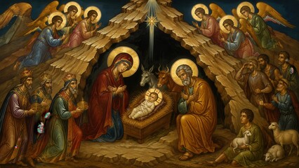 Obraz premium Byzantine icon of the Nativity of Jesus Christ with Virgin Mary Magi shepherds angels and Bethlehem star