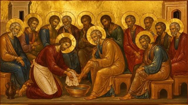 Byzantine icon of Christ washing the feet of the apostles at the Last Supper on radiant golden background