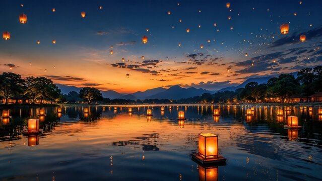 Magical floating lantern festival over tranquil lake at sunset with glowing reflections and sky