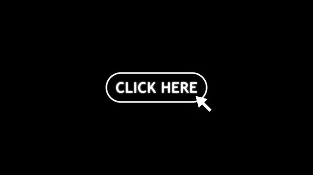 A cursor arrow with click here button label icon outlined style on black screen,4k video web ui interaction.