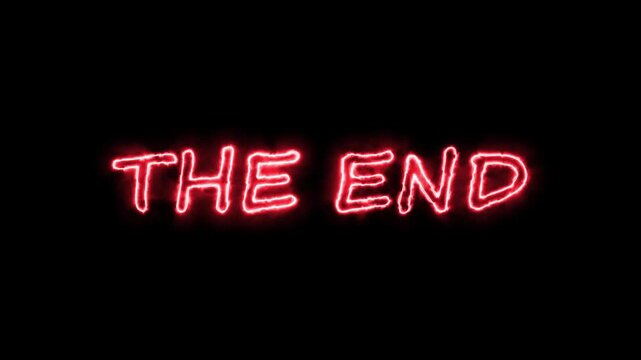 Glowing red neon, The end, text animation on transparent background.4k video