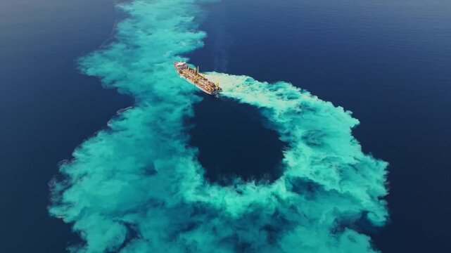 Aerial view of a dredging ship creating a large turquoise sediment plume in the deep blue ocean near Dhidhdhoo, Thiladhunmathee Uthur, Maldives.