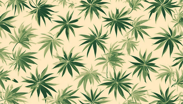 Green cannabis leaf pattern on beige background. Botanical hemp foliage seamless wallpaper.