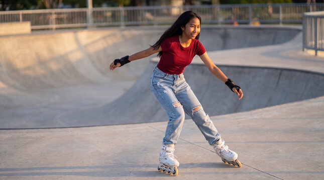 Teen girl inline skating in a concrete skatepark bowl