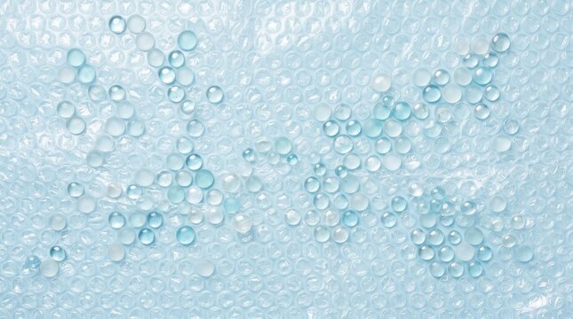 Blue silica gel beads scattered on a textured plastic bubble wrap surface representing moisture absorption and drying
