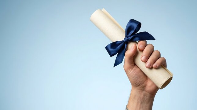 Hand holding rolled up diploma scroll tied with navy blue ribbon on light blue background, symbolizing graduation achievement.