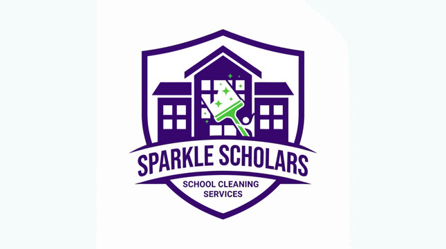 Professional Emblem Logo for Sparkle Scholars School Cleaning Services with Building and Squeegee