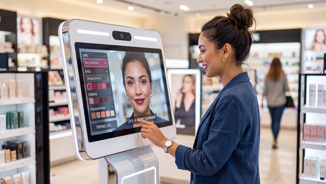 Young woman trying virtual makeup on an interactive digital screen in a modern beauty store.