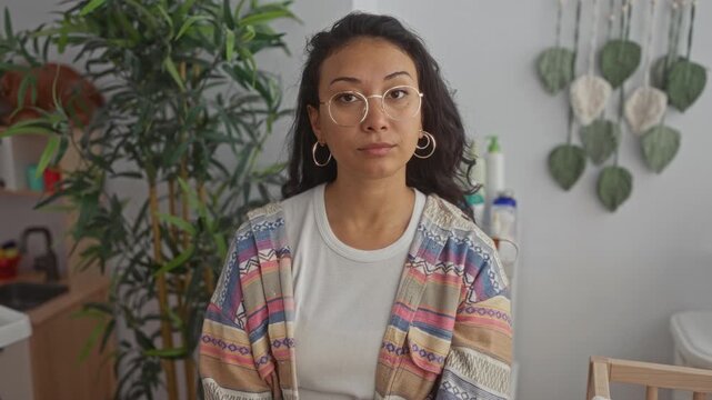 Woman sitting with face framed by round glasses in building nursery beside crib and plants; motherhood reflection calm.
