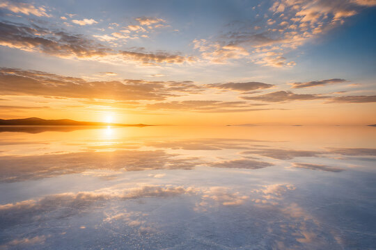 Endless Reflective Salt Flats at Golden Sunrise with Mirror Sky Reflections