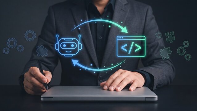 AI code generation and automation concept businessman using laptop with robot and programming code icons connected by arrows for software development machine learning and coding integration