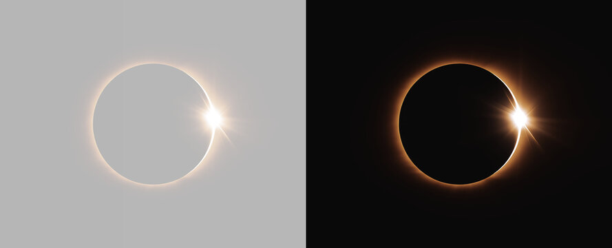 Total Solar Eclipse Effect with Golden Light Ring Flare Isolated on Grey and Black Backgrounds