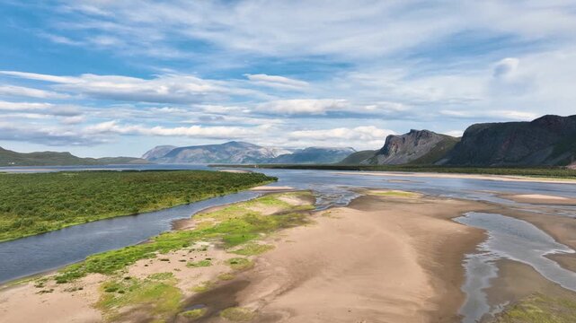 Aerial view of Tana Rver, Tanaelva, with large sand bank in northern Norway