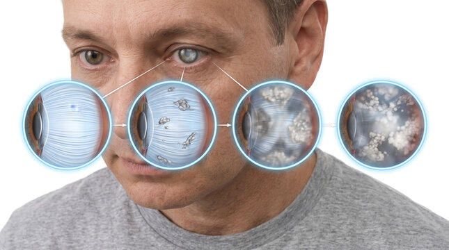 Eye floaters and vision problems, medical illustration showing blurred vision vitreous changes and visual disturbances in human eye