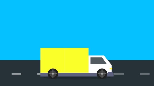 Delivery truck flat vector animation driving on dark asphalt road against solid blue sky for shipping logistics service.